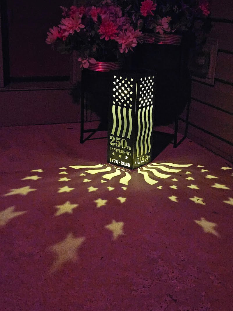 Iron Canvas Commemorative 250 Anniversary Lantern | Laser‑Cut Metal Lantern | Rustic Steel Garden Lantern Decor | Handmade Metal Art