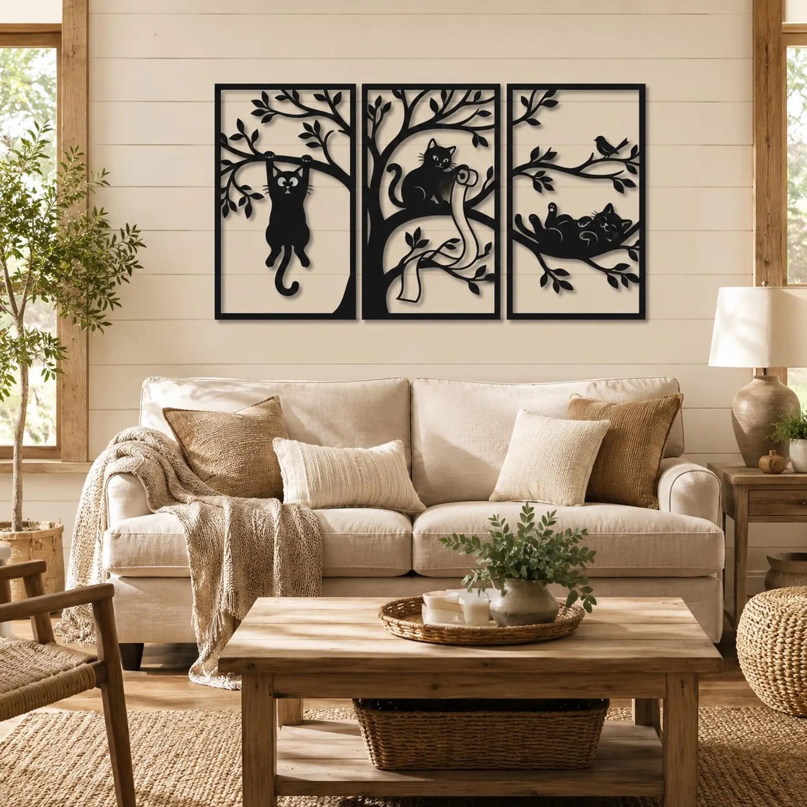 Cats in Trees Triptych Metal Wall Art | Laser-Cut Steel | Funny Cat Home Décor | Handmade Metal Sign