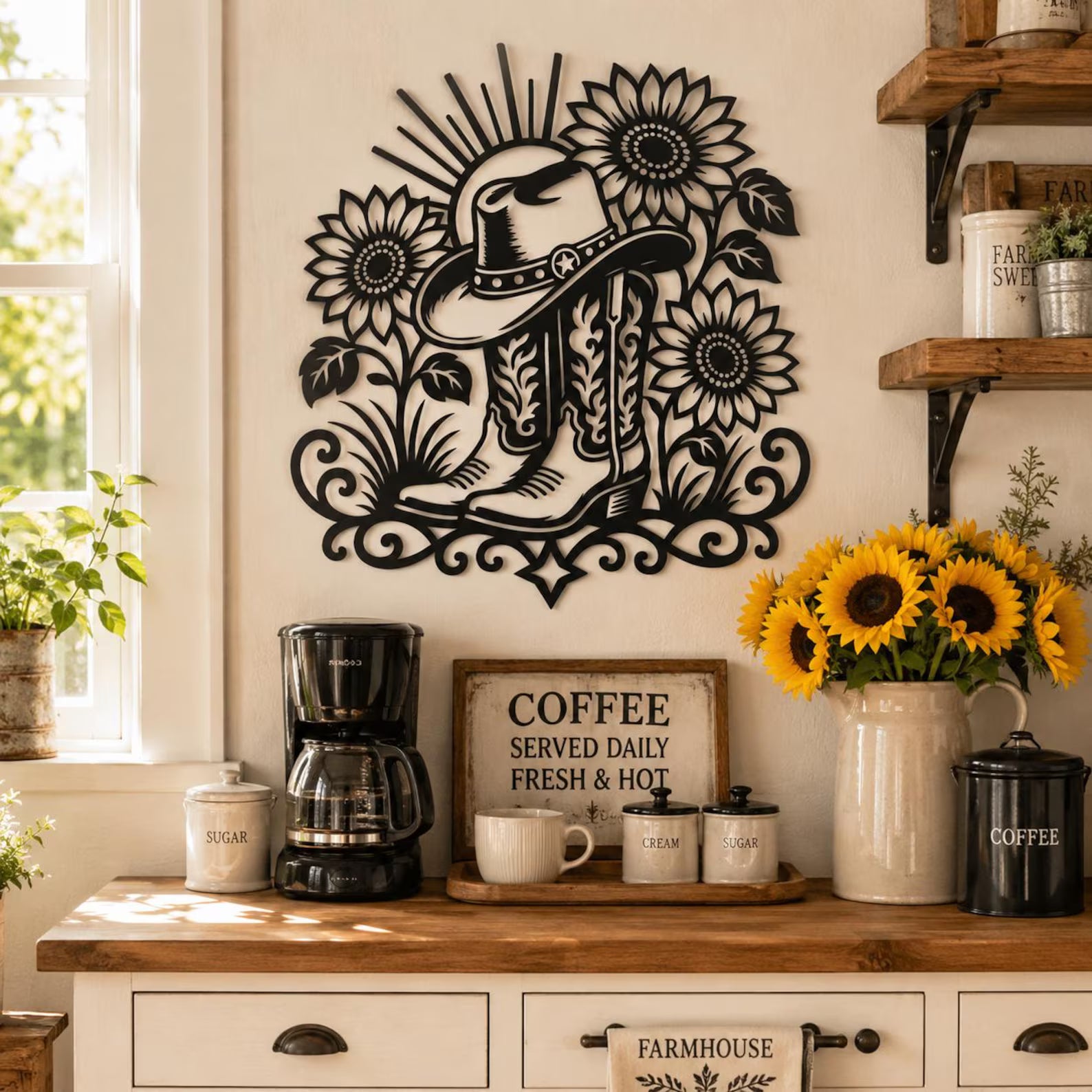 Cowboy Boots & Hat Sunflower Metal Wall Art | Laser-Cut Steel | Western Farmhouse Home Décor | Handmade Metal Sign