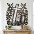 Cross & Bible with Roses Metal Wall Art | Laser-Cut Steel | Christian Faith Home Décor | Handmade Metal Sign