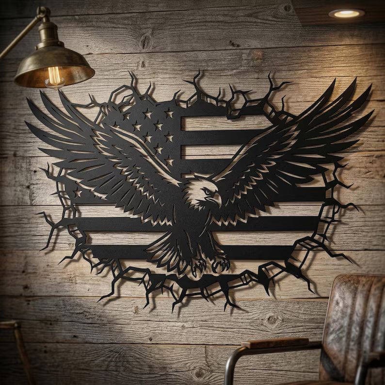Patriotic Bald Eagle American Flag Laser | Broken Wall Flag | Laser‑Cut Metal | Rustic Steel Decor | Handmade Metal Art