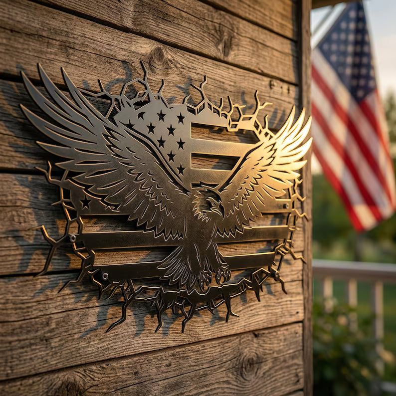 Patriotic Bald Eagle American Flag Laser | Broken Wall Flag | Laser‑Cut Metal | Rustic Steel Decor | Handmade Metal Art