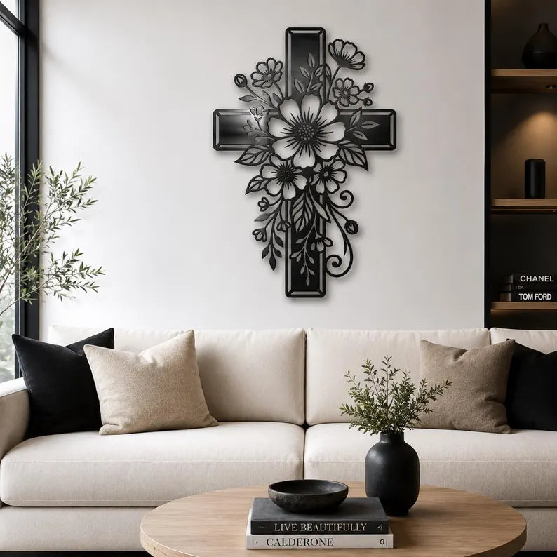Floral cross laser-cut steel metal wall art displayed in modern living room