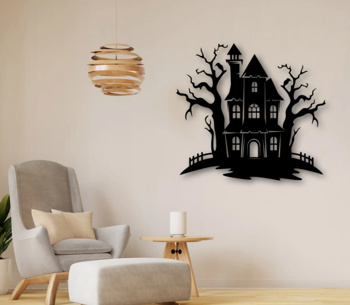 Haunted House Metal Wall Art | Laser-Cut Steel | Halloween Gothic Home Décor | Handmade Metal Sign