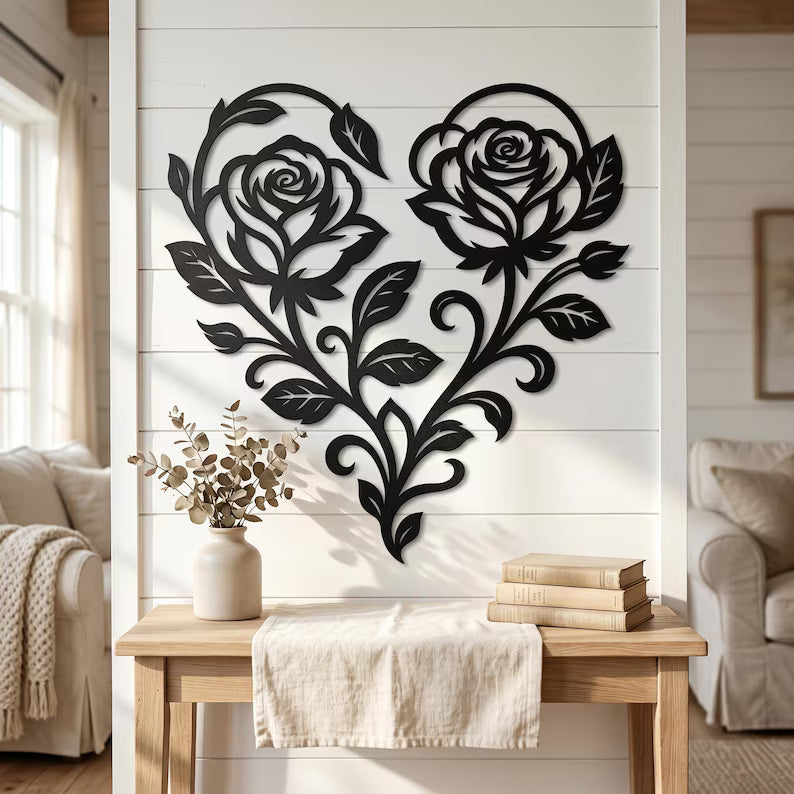 Rose Heart Metal Wall Art | Floral Heart | Romantic Rose | Garden Wall Decor | Laser‑Cut Metal | Rustic Steel Decor | Handmade Metal Art