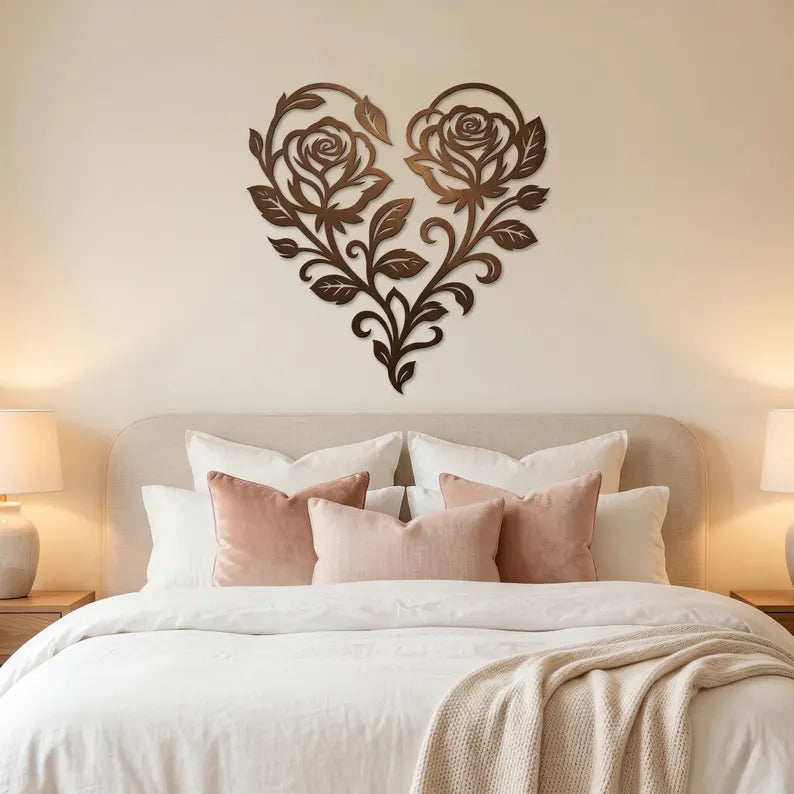 Rose Heart Metal Wall Art | Floral Heart | Romantic Rose | Garden Wall Decor | Laser‑Cut Metal | Rustic Steel Decor | Handmade Metal Art