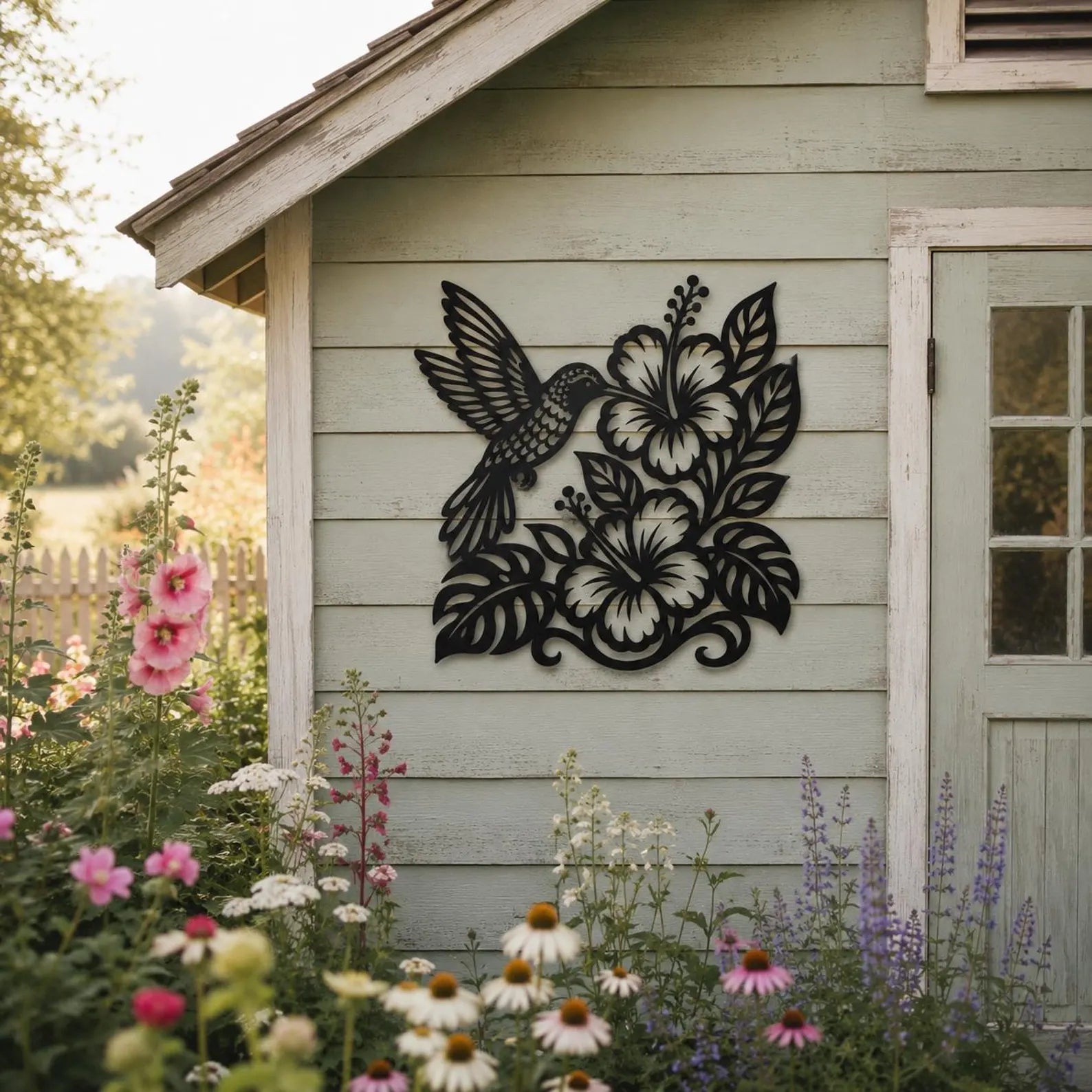 Hummingbird Hibiscus Metal Wall Art | Laser-Cut Steel | Garden Cottage Home Decor | Handmade Metal Sign