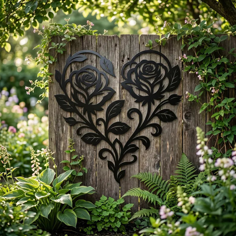 Rose Heart Metal Wall Art | Floral Heart | Romantic Rose | Garden Wall Decor | Laser‑Cut Metal | Rustic Steel Decor | Handmade Metal Art