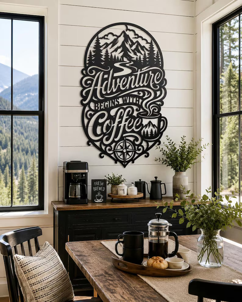 Adventure Begins With Coffee Metal Wall Art | Laser-Cut Steel | Rustic Café & Cabin Décor | Handmade Metal Sign