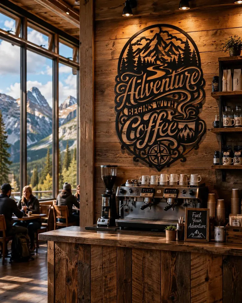 Adventure Begins With Coffee Metal Wall Art | Laser-Cut Steel | Rustic Café & Cabin Décor | Handmade Metal Sign