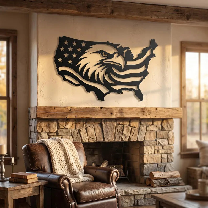 Patriotic Eagle USA Map Laser | Eagle Metal Wall Art | Laser‑Cut Metal | Rustic Steel Decor | Handmade Metal Art