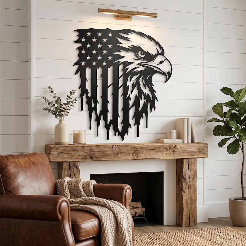 Patriotic Bald Eagle American Flag Laser | Distressed Flag | Laser‑Cut Metal | Rustic Steel Decor | Handmade Metal Art