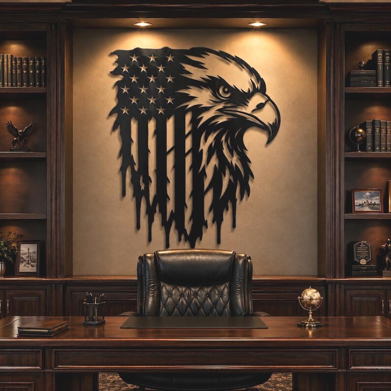 Patriotic Bald Eagle American Flag Laser | Distressed Flag | Laser‑Cut Metal | Rustic Steel Decor | Handmade Metal Art