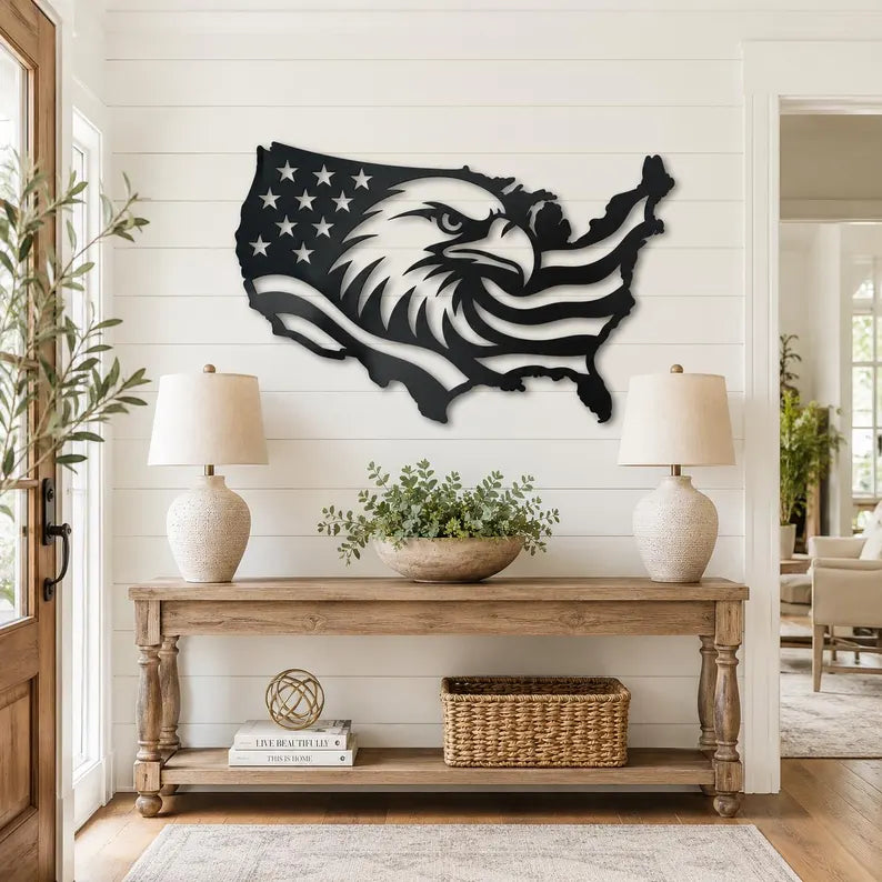Patriotic Eagle USA Map Laser | Eagle Metal Wall Art | Laser‑Cut Metal | Rustic Steel Decor | Handmade Metal Art