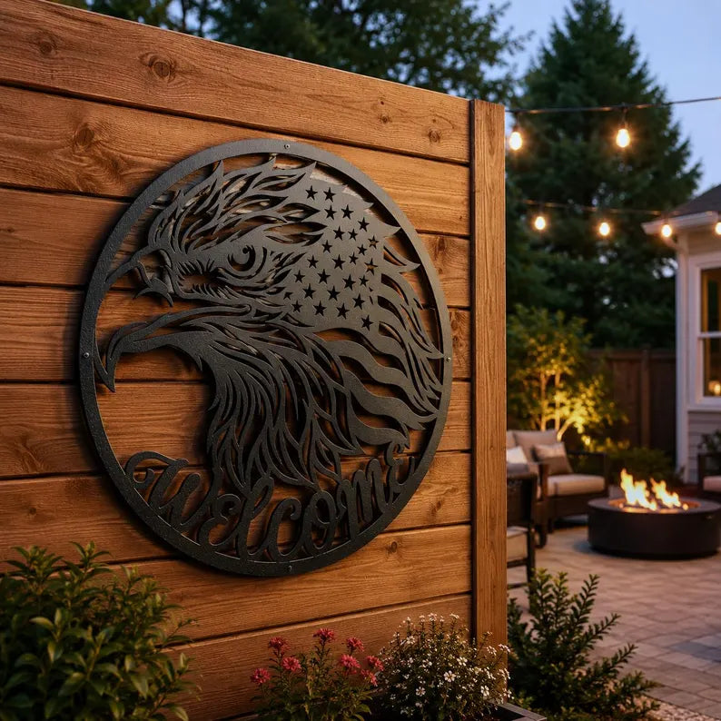 Patriotic Eagle Welcome Sign Laser | American Flag Eagle Wall Art | Laser‑Cut Metal | Rustic Steel Decor | Handmade Metal Art