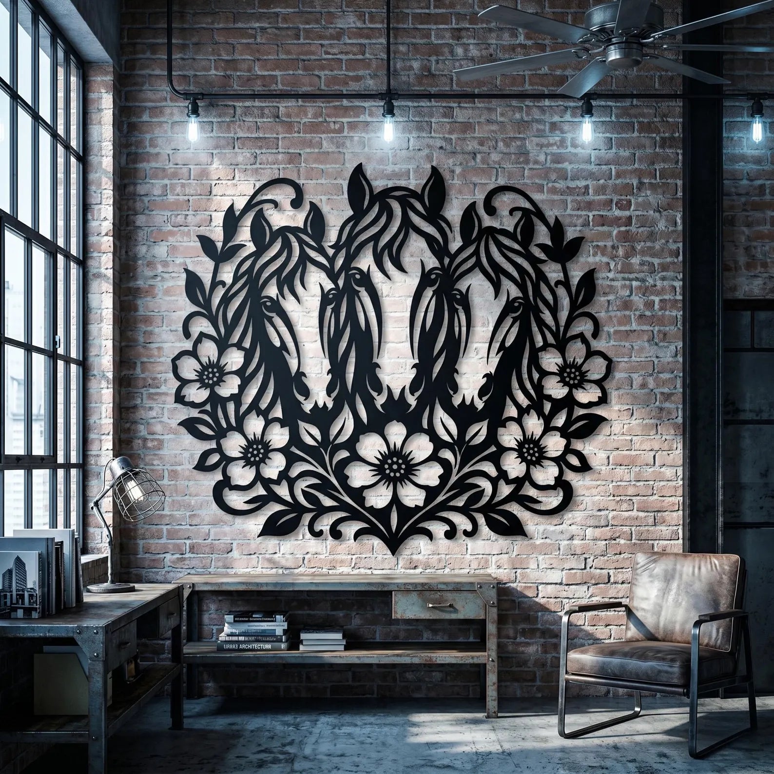 Three Horses Floral Metal Wall Art | Laser-Cut Steel | Rustic Western Home Décor | Handmade Metal Sign