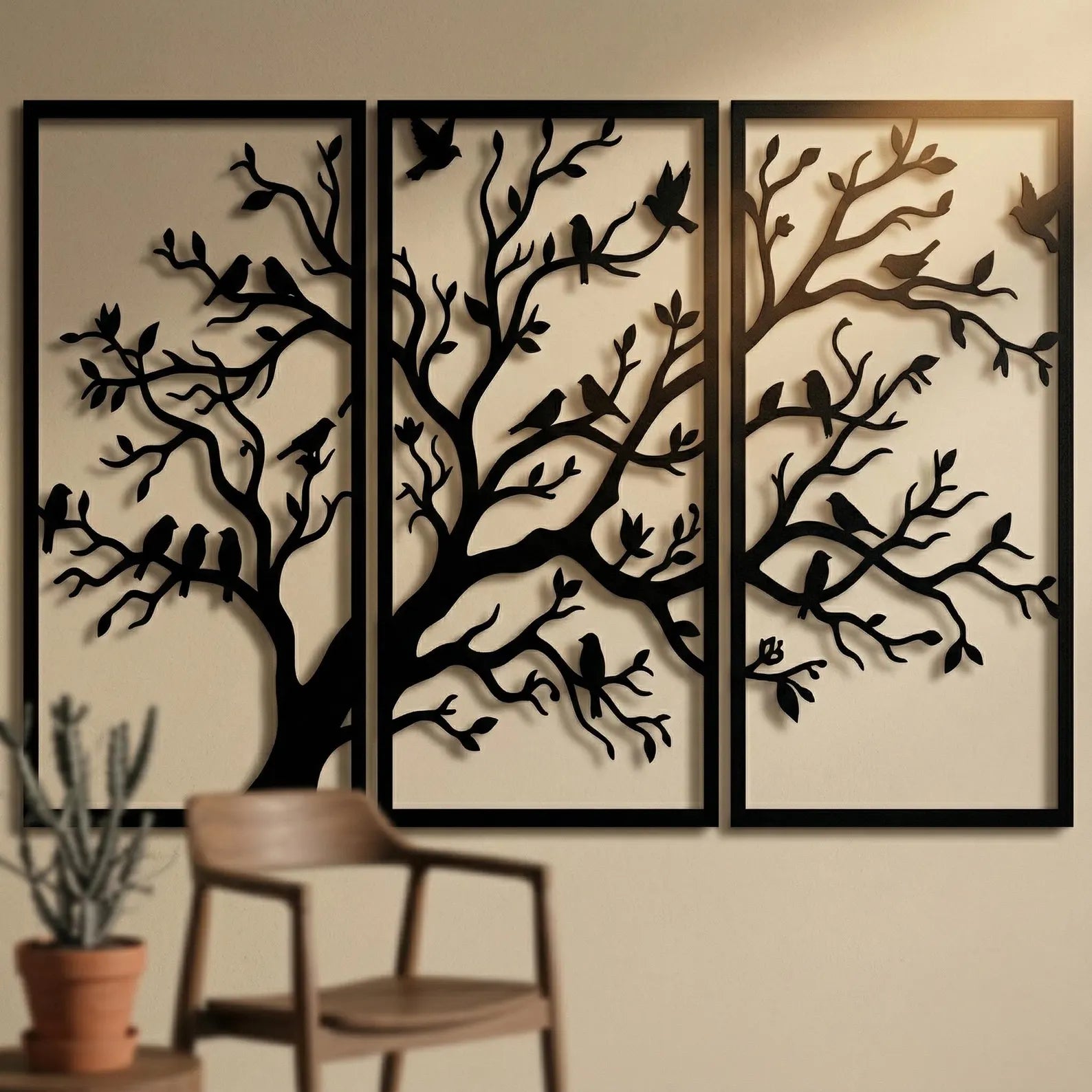 Tree of Life with Birds Triptych Metal Wall Art | Laser-Cut Steel | Modern Nature Home Decor | Handmade Metal Sign