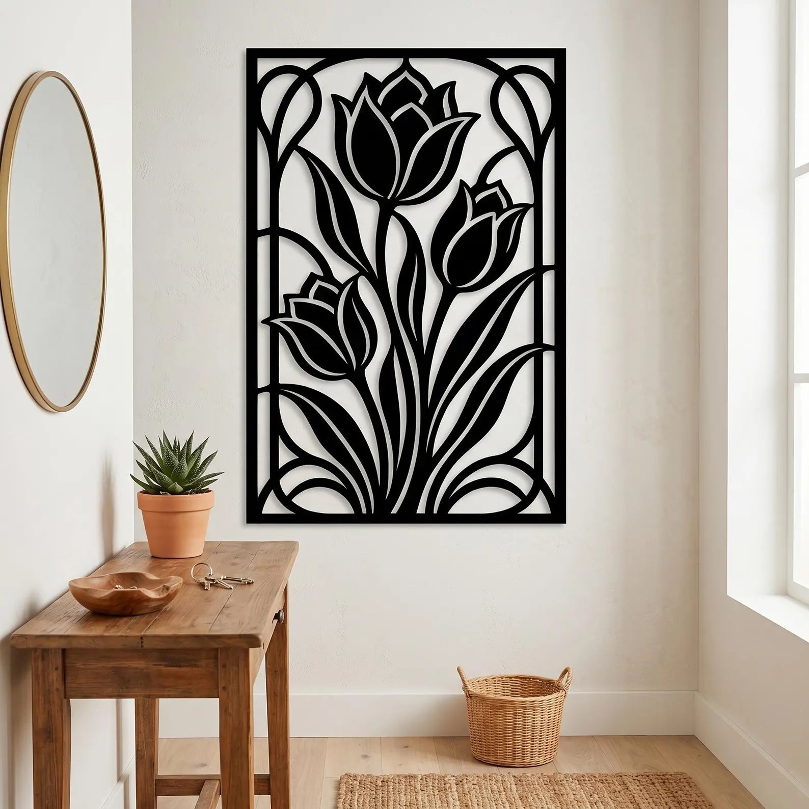 Tulip Panel Metal Wall Art | Laser-Cut Steel | Art Nouveau Floral Home Decor | Handmade Metal Sign