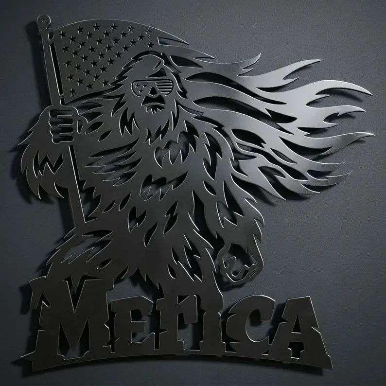 Patriotic Bigfoot Laser | Merica Sasquatch Metal Wall Art| Laser‑Cut Metal | Rustic Steel Decor | Handmade Metal Art
